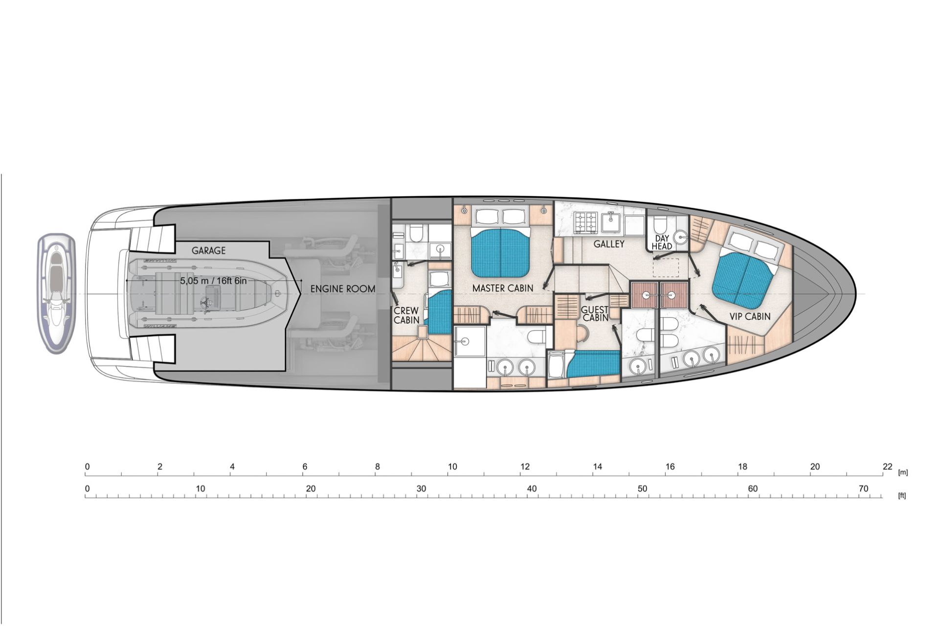Lower deck type A No.3 similar solution like Lowerdeck2 but with CrewCabin/2nd guest cabin for two persons.