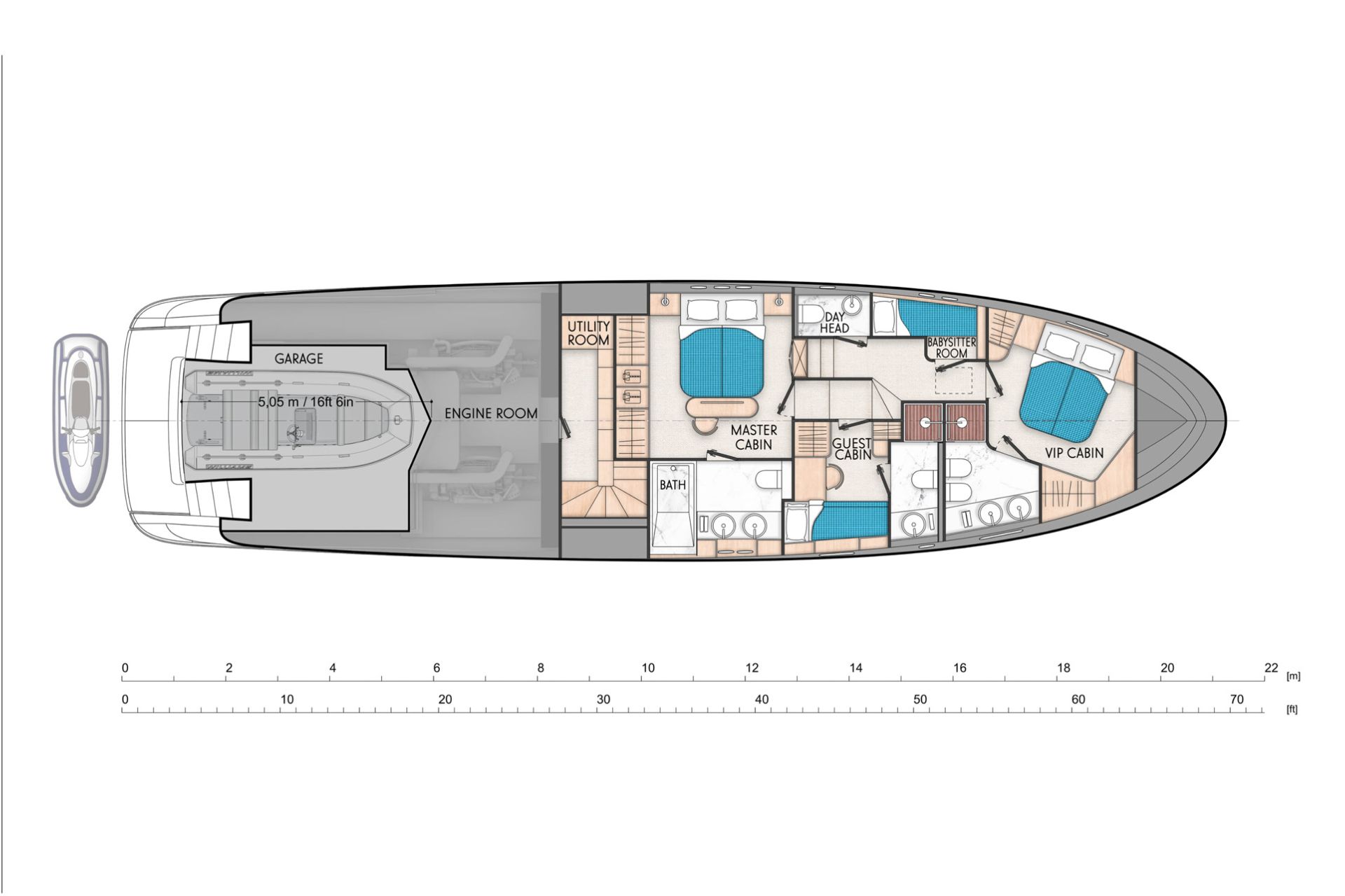 Lower deck type A No.4 with galley on the main deck. Cabin for babysitter. Utility room could be replaced for the crew cabin/2nd guest like in the Lowerdeck3 layout.