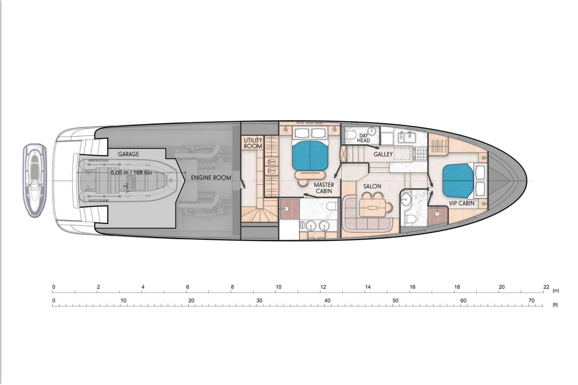 Lower deck type A No.5 with bigger galley with full size fridge with freezer. Salon with dining table. Sofas are good places for children to play. Sofas could be unfolding for sleeping with a sliding wall to separate this space.