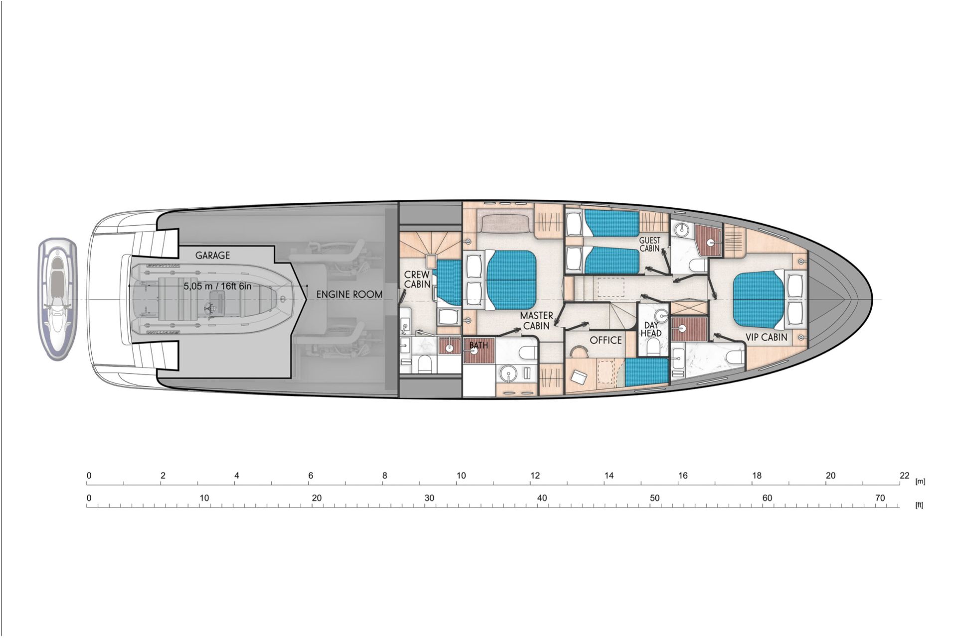 Lower deck type B No.1 Layout for big family or sailing with two friend families. There are three big cabins. In the guest cabin could be additionally one pullman bed on the port side. The Crew cabin can be used like a 2nd guest cabin. In this expanded layout there were place for enclosed quiet office for comfortable work. In the office cabin is a folding pullman bed on the starboard side. The good solution is to connect this layout with main deck type B No5.